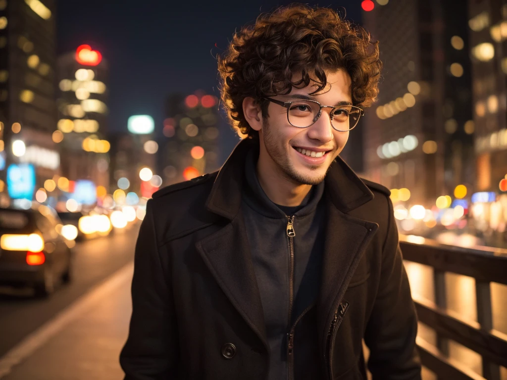 (best quality:1.2), masterpiece, Realistic, Ultra-high resolution, 1man, 26 years old, Curly hair, Wearing glasses, Walking with a smile, City at night