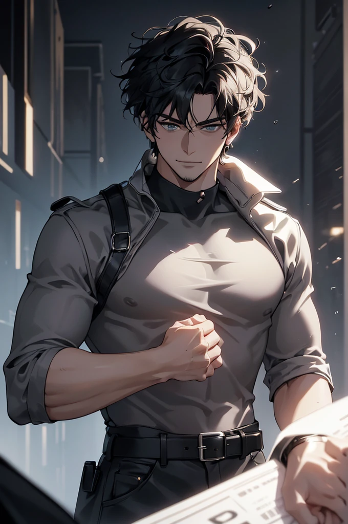 "(Best quality,4K,8 k,High resolutions,masterpiece:1.2),ultra detailed,(realist,fotorrealist,fotorrealist:1.37), Manhwa Art European 38 year old man, ivory leather, wild hair, black hair, shoulder-length curly hair, Piercing eyes, in a black shirt and belts on it, Sharp jawline, glare, Cold and mysterious character, whole body, athletic body, 8 k, detailed characteristics, Very cute, Dreamy look on his face, bright lighting, blurred background, sly smile