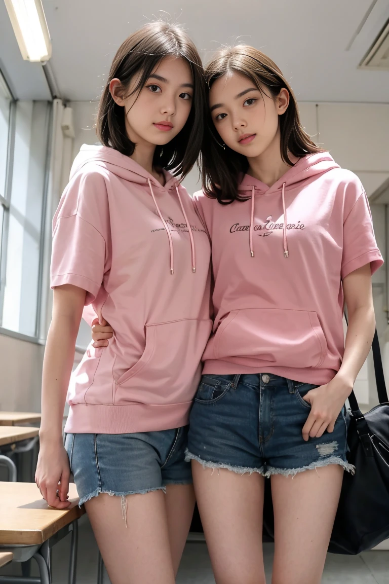 deux femmes ensemble de 18 ans sexy et mince , pink short sleeve hoodie , salle de classe, se touche,position sey,sensuel,visible legs,