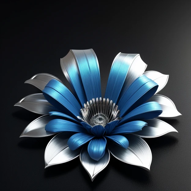  a glittering blue flower made of chromed steel, titanium, vanadium and iron, dominant blue color tonality, growing on a fractal ground,warped space scenario, fractal design, brilliant,colours, masterpiece, highly detailed, 4k resolution,  3d modelling, digital art, abstract art