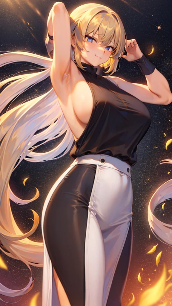 ((masterpiece)),((Highest quality)),High resolution,Extremely detailed CG,Perfect lighting,8k wallpaper, One Girl,short hair、Blonde Hair、Very large breasts、Very large breasts、Smiling、Sleeveless white business shirt、Shiny black short pencil skirt、tights、Sleeveless shirts only、Raise your arms、Show your armpits、Sideboob、Black Pencil Skirt、Droopy eyes