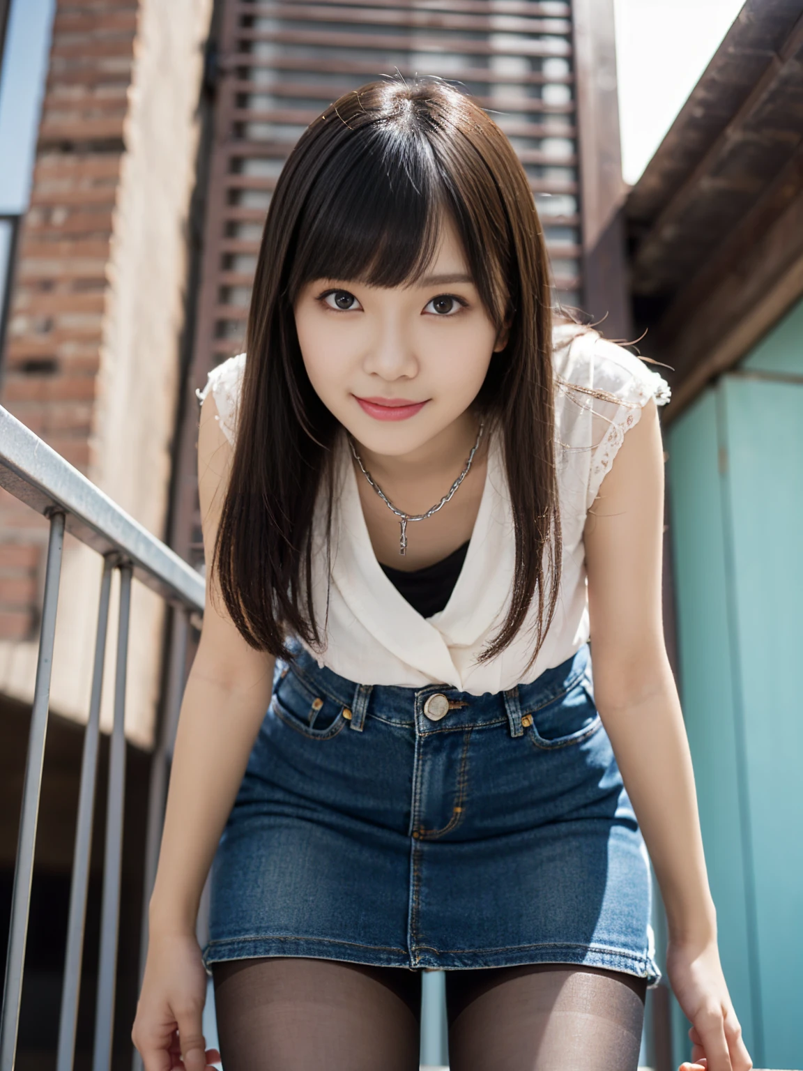 very cute and beautiful girl,(Very delicate and beautiful face and eyes:1.2), smile,Black Hair,Denim mini skirt,(From below),１２０Denier glossy pantyhose,、, summer,Rooftop,building,Chain link fence, (Highest quality,Tabletop:1.2),Intricate details,Very detailed,High resolution,alone,Cinema Lighting,