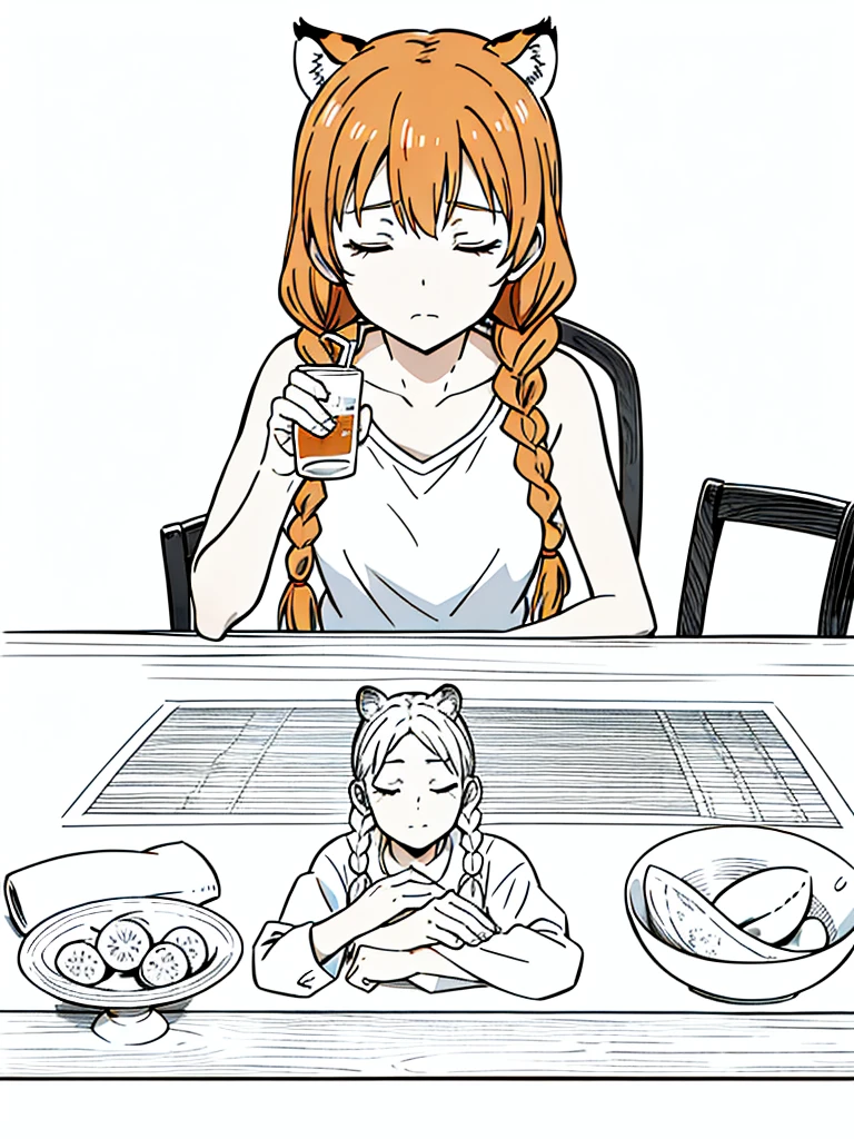1girl,20 years old,mature female,tiger ears,long hair,(twin braids),orange hair,casual,(white background,line drawing),lopen mouth,closed eyes,drinking,from front,pov across table,
