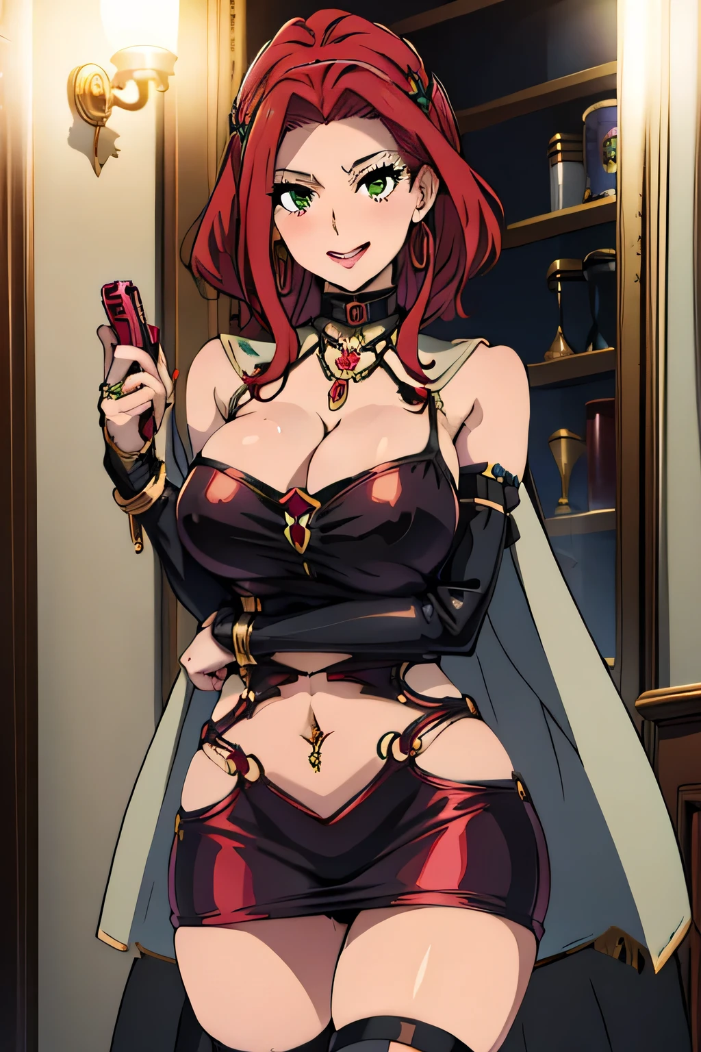 bitch, biggest breasts,  red hair, beautiful face, green eyes, evil smile, blush, lipstick, evil smile, jewelry, earrings, complex detailed background, casino environment, fancy interior environment, rich interior,((black bodycon))、microdress, bodycon, eyeslashes, cleavage, navel, corruption, (o-ring), choker, jewelry, earrings, necklace, holding a gun, holding, handgun, big breasts, huge breasts, masiv breasts, enormous breasts, nipples 