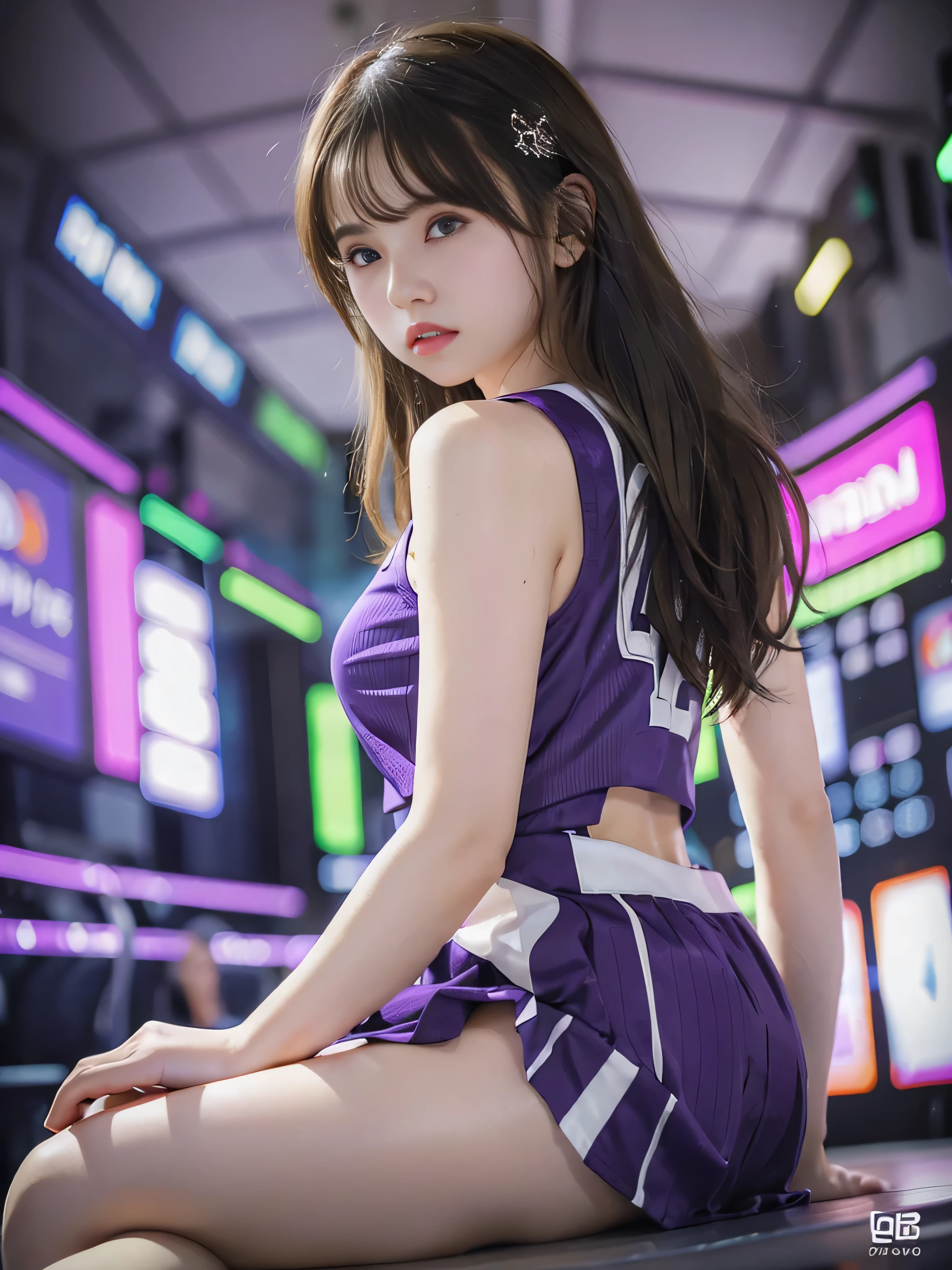 (Raw quality), Highest quality、masterpiece、Ultra-high resolution、(Photorealistic:1.4)、Raw photo、1 Girl、s old, Glowing Skin、headset、((Ultra-Realistic Details))、Portrait、Global Illumination、Shadow area、Octane Rendering、8k、Ultra Sharp、((Delicate body type))、Hair ornament of the future、(Oversized basketball team uniforms:1.3)、Cleavage、(sideboob:1.4), ((Medium bust:1.4))、(Sunburned skin:1.4)、Very intricate detail、Realistic Light、Metallic Shine、CGSoation Trends、(Purple eyes:1.4)、(Shining Eyes)、Facing the camera、Neon Details、Sitting、Cyberpunk background、Small LED lamp、(Purple and green lighting from behind)、