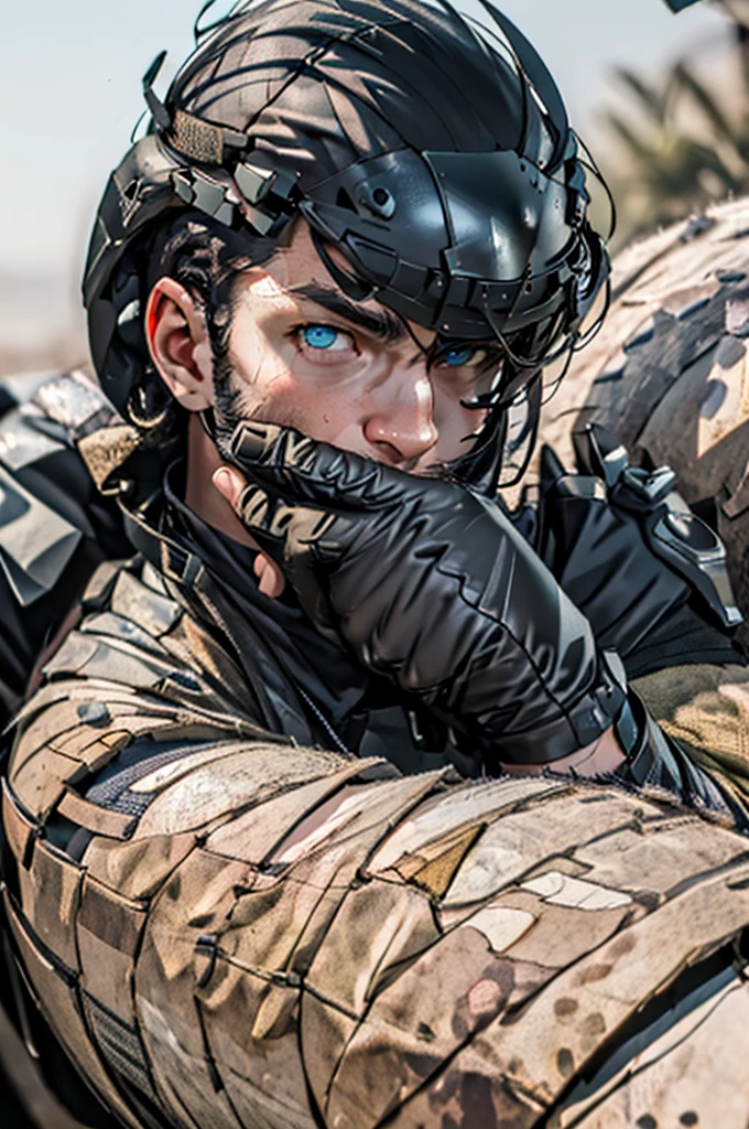 best quality, Masterpiece,Picture quality up to 8K, ภาพHigh quality,(((Masterpiece))), (((best quality))), Sharp picture, Awesome details,High quality,Masterpiece, Sharp facial details ,Face quality up to 8K,Virtual image、realistic textures、Rifle , 1 man , blue eyes , black hair,black shirt, Black bulletproof armor, black gloves