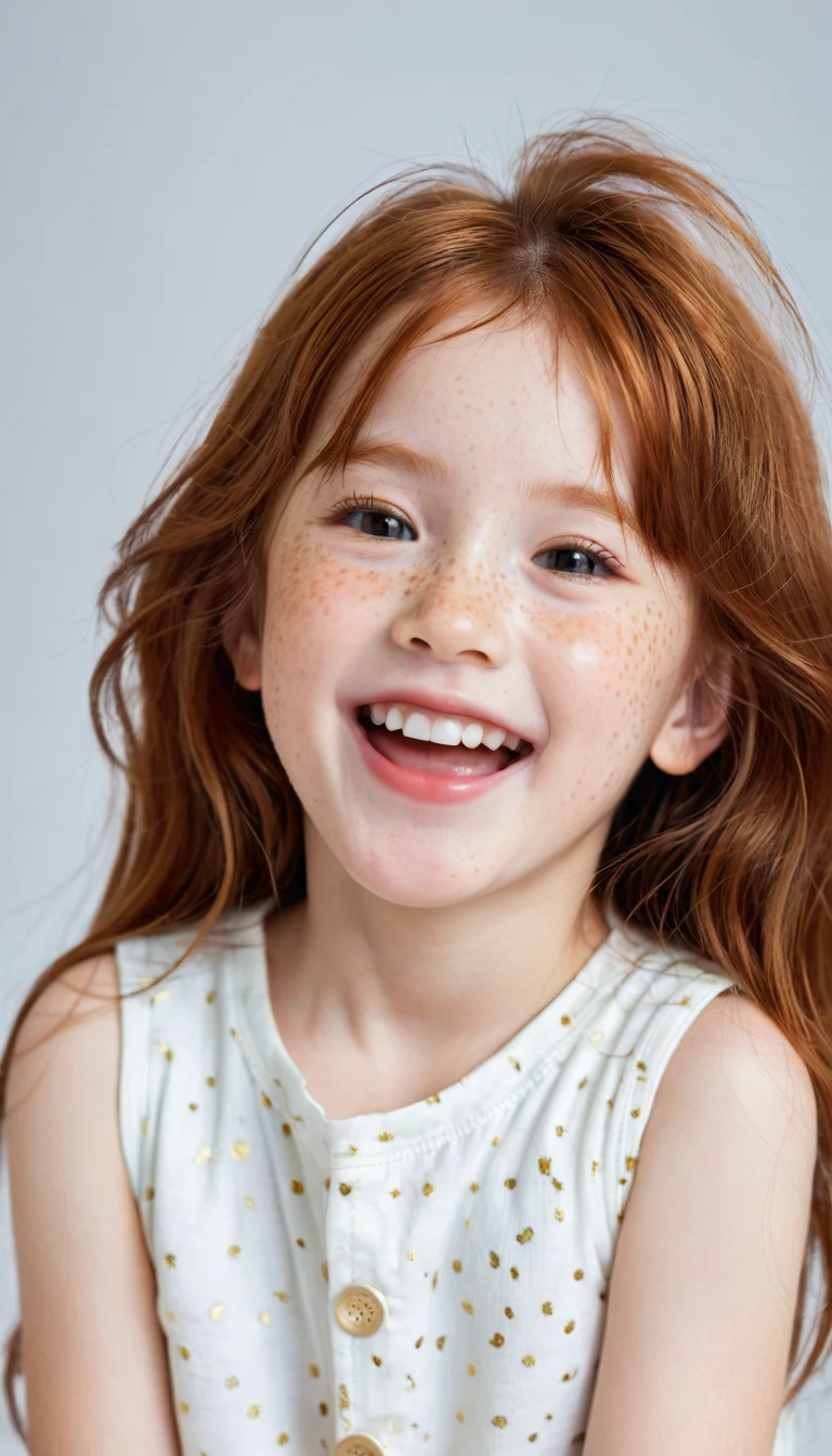 Super ultra happy cute little girl, with freckles and ginger hair, holding her cheeks