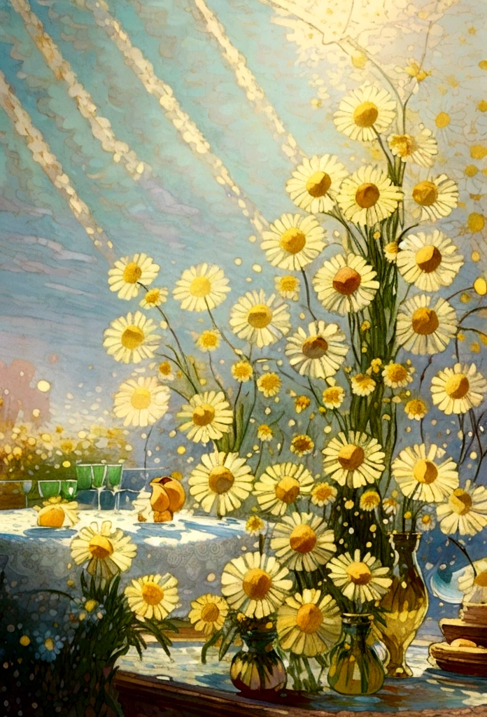 ((Nobody)) Vintage Victorian Style, An accurate old encyclopedia (Highest quality:1.2), (detailed:1.2), (masterpiece:1.2), ((Vintage illustration of garden on a sunny day, Peaches on a plate, Glass of lemonade, Lace tablecloth, Calm, Soft iridescent light, Chamomile flower, Particles of light shimmering))