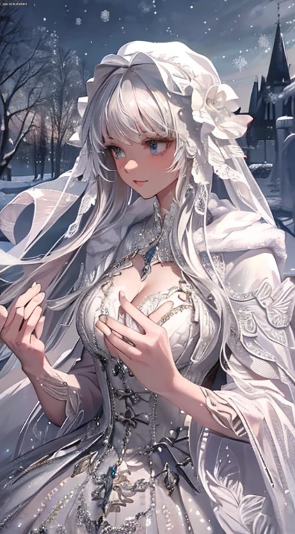 Photorealistic, high resolution, 1 Women, Solo, (Lolita costume),Gorgeous costumes,Face the audience,The upper part of the body,upper legs, beautidful eyes, White hair, ringed eyes, (outside,Heavy snowfall,Cloak,Cover with snow),snowfield