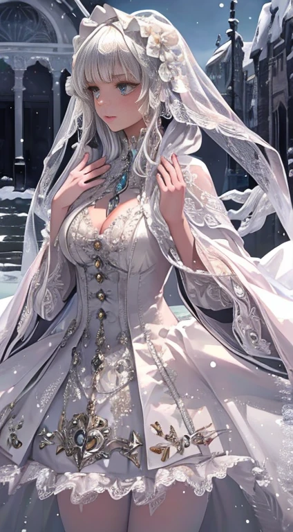 Photorealistic, high resolution, 1 Women, Solo, (Lolita costume)，Gorgeous costumes，Face the audience，The upper part of the body，upper legs， beautidful eyes, White hair, ringed eyes, (outside，Heavy snowfall，Cloak，Cover with snow)，snowfield