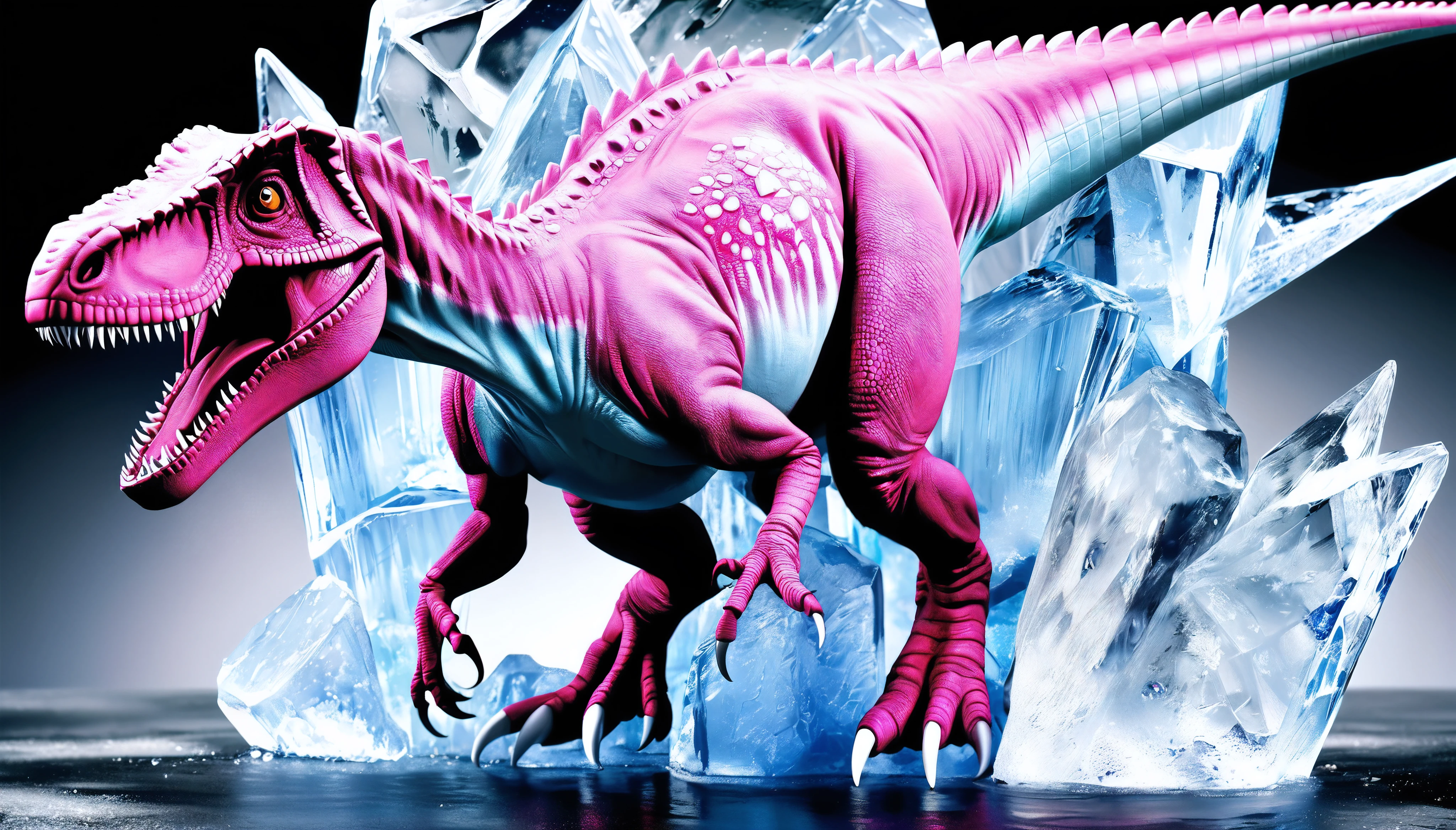 Dinosaurs trapped in crystal clear ice, In completely colorless and transparent ice, Specimens in ice, 
BREAK Large chunk of ice exposed in permafrost, 
BREAK ((Transparentpink overcoating)), 
BREAK (Look at me with clear, real eyes:Vivid dinosaur eyes), 
BREAK Ice lit up in neon pink, 
BREAK (Realistic ice details:transparent:reflection:Cold:hardness), A living organism infected with pink, 
BREAK (Realistic dinosaur skin details:pink:Delicate and intricate unevenness::Hard texture), Pink-tinted dinosaur skin, 
BREAK: A giant ice cube trapping a living dinosaur, Ice with dinosaurs, Ancient dinosaur DNA, A world-class discovery, 
BREAK (((Transparent pink overlap coating))), (Transparent ice highlighted by pink neon lights),  
BREAK Perfect transparent pink coating, Transparentpink&#39;s theme color, Professional artwork, Super Retina, 
(Dynamic wide full body shot:1.3), Live and completely trapped in ice, 