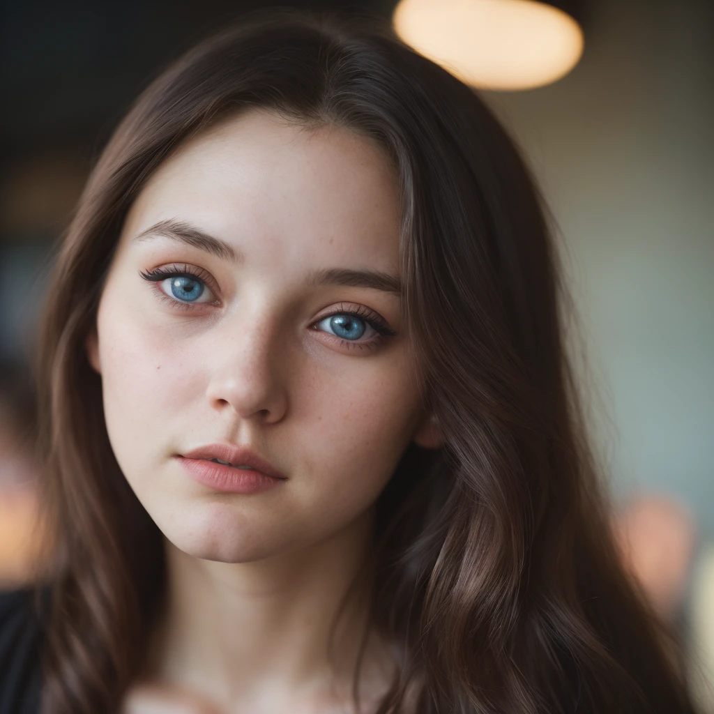 (close-up, editorial photograph of a 21 year old woman), (highly detailed face:1.4) (smile:0.7) (background inside light, warm, private study:1.3) POV, by lee jeffries, nikon d850, film stock photograph ,4 kodak portra 400 ,camera f1.6 lens ,rich colors ,hyper realistic ,lifelike texture, dramatic lighting , cinestill 800, showing full realistic face infront of camera big smil a cafe In a ceremony with black dress  With blue eyes and 