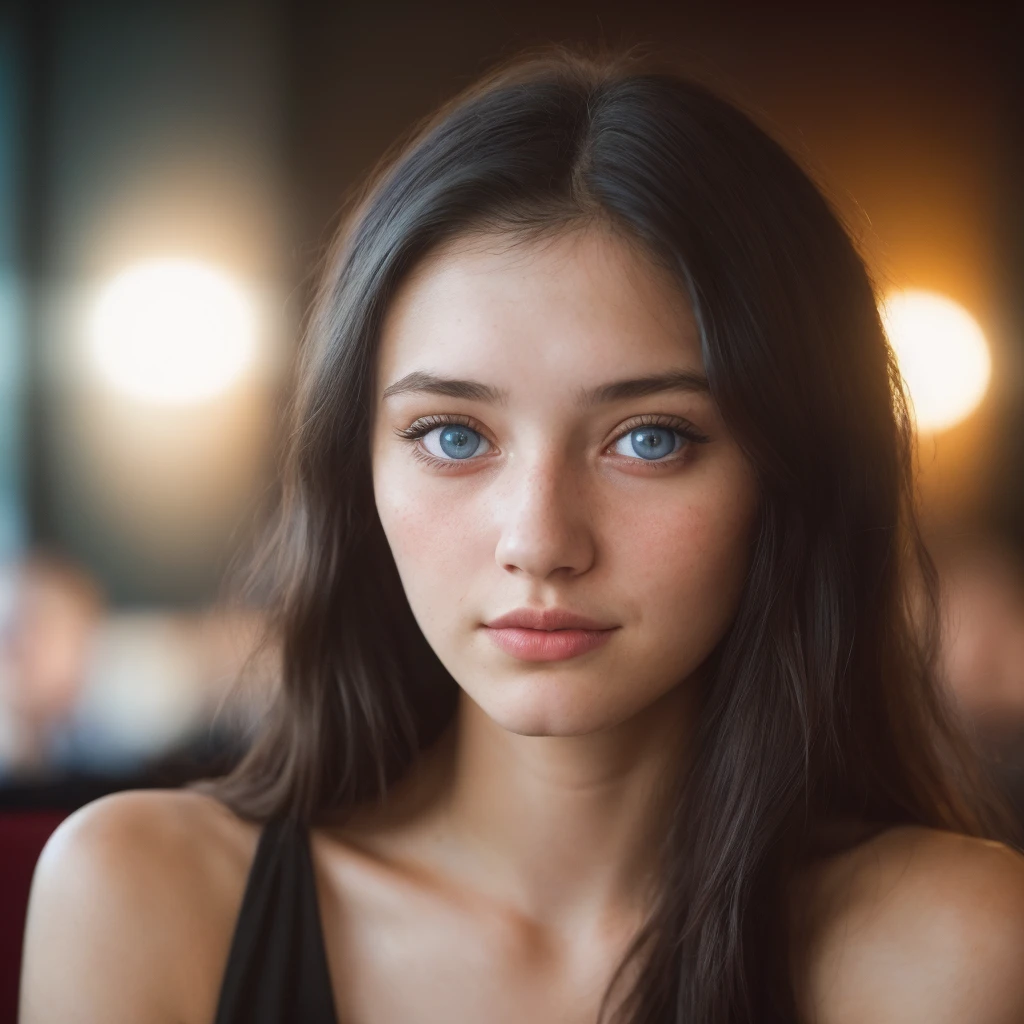 (close-up, editorial photograph of a 21 year old woman), (highly detailed face:1.4) (smile:0.7) (background inside light, warm, private study:1.3) POV, by lee jeffries, nikon d850, film stock photograph ,4 kodak portra 400 ,camera f1.6 lens ,rich colors ,hyper realistic ,lifelike texture, dramatic lighting , cinestill 800, showing full realistic face infront of camera big smil a cafe In a ceremony with black dress With blue eyes and