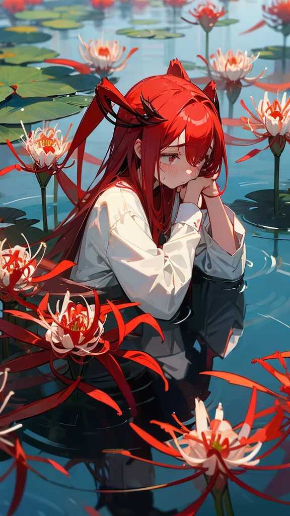 A masked girl cries at the pond where red spider lilies bloom。But that can never be found。I have to hide it so that no one will notice.。
