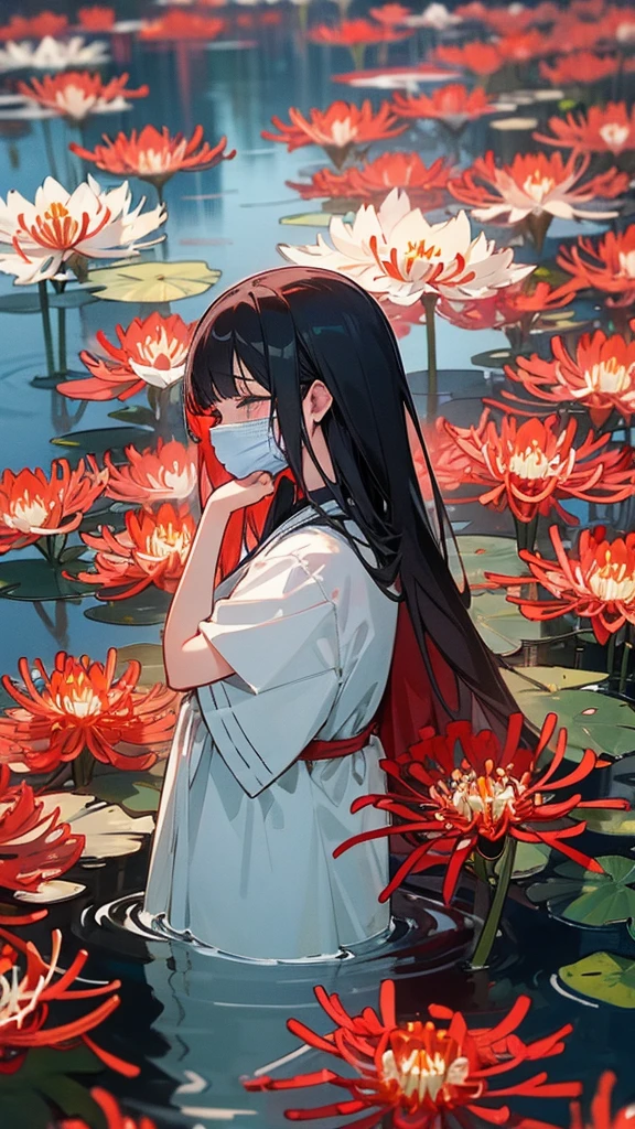 A masked girl cries at the pond where red spider lilies bloom。But that can never be found。I have to hide it so that no one will notice.。