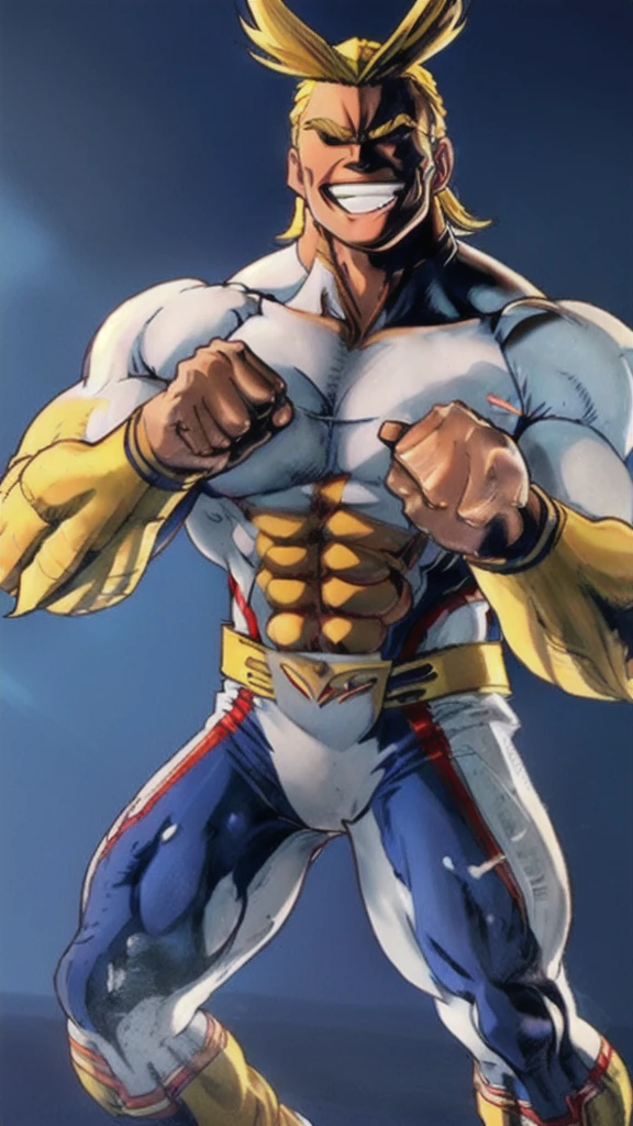 A man, yellow hair, all back hair, smiling, white shinny teeth, blue skinny suit, tall, Muscular Physique, Powerful Biceps, Bulging Muscles, fighting pose.