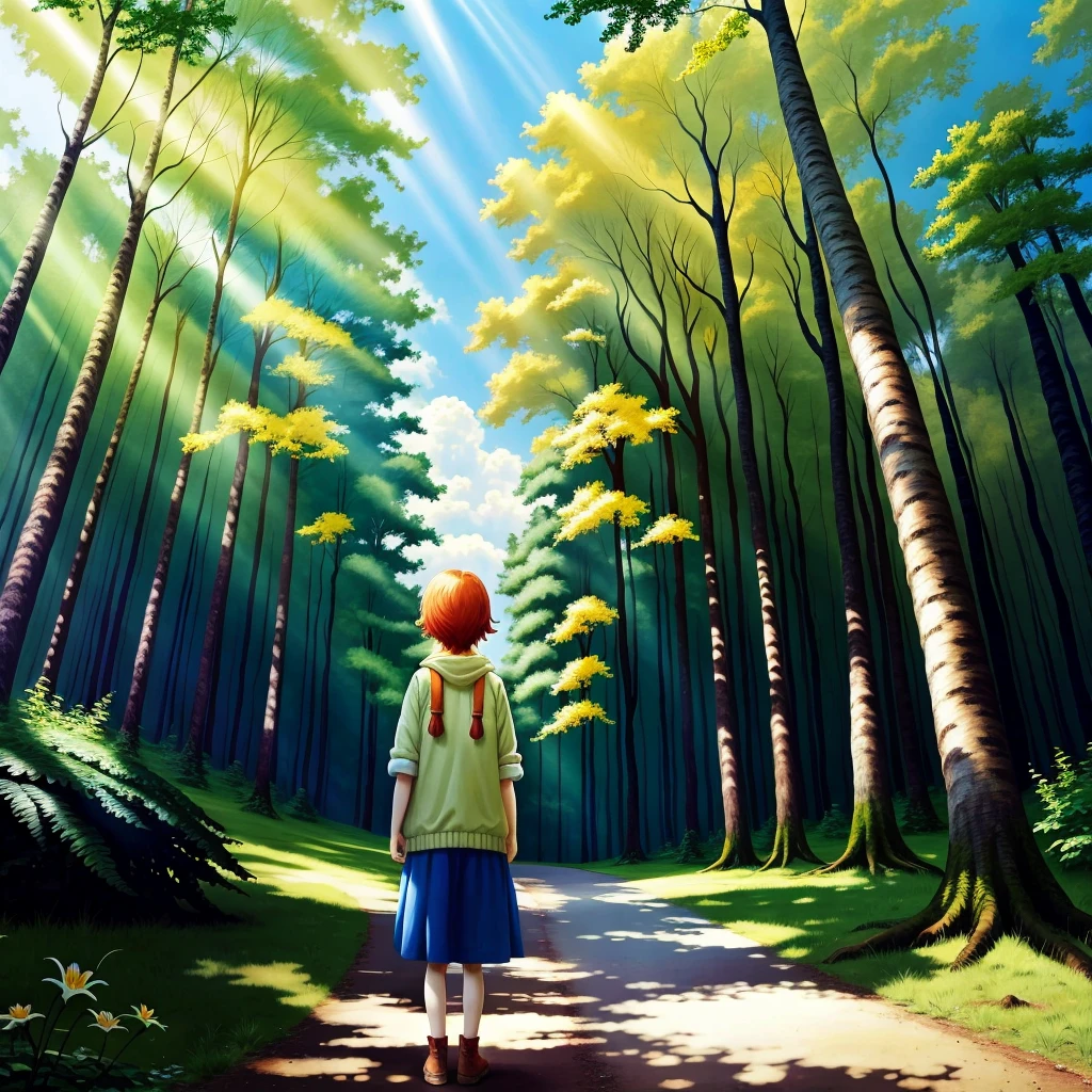 Lily is curious, the forest is sunny, the sun is high in the sky，The protagonists are in the forest, the sky is blue and the sun is in the distance，The protagonists&#39; knowledge and importance of the sun in the forest