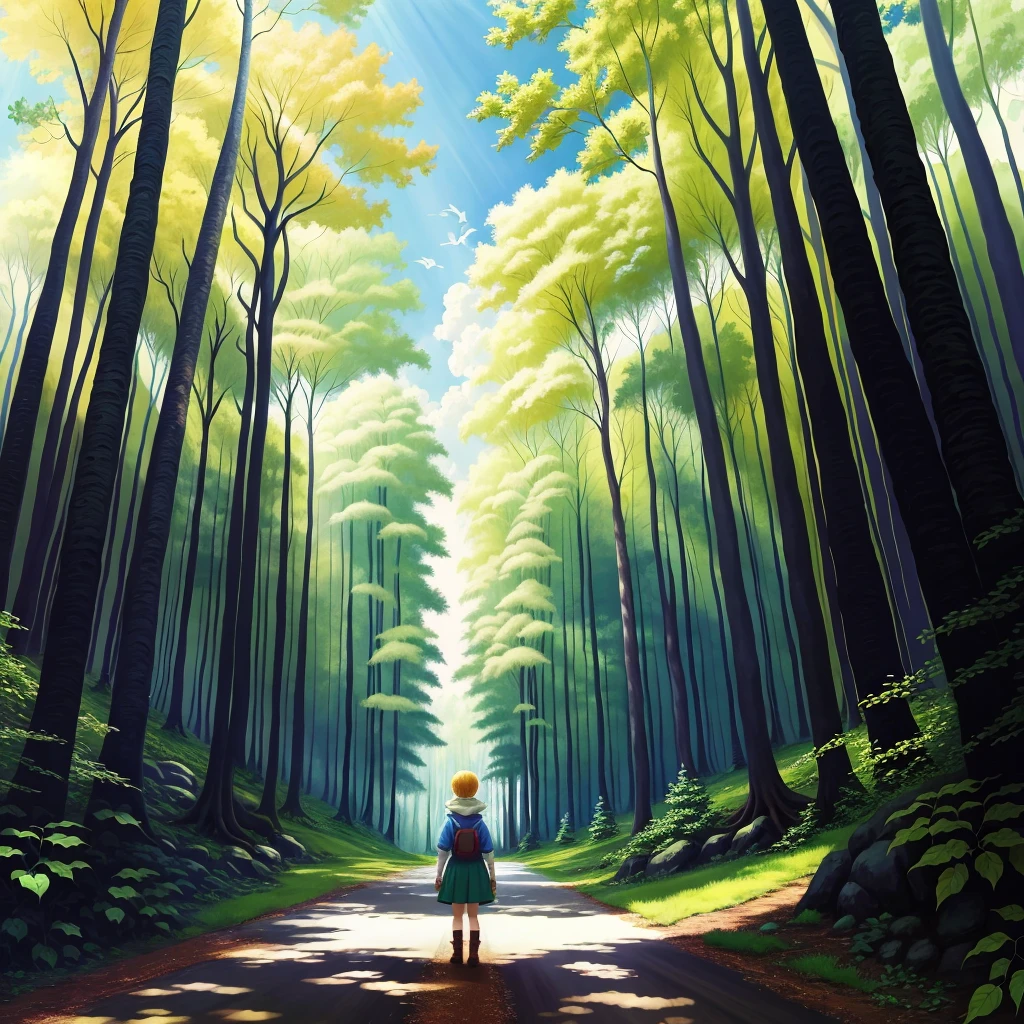 Lily is curious, the forest is sunny, the sun is high in the sky,The protagonists are in the forest, the sky is blue and the sun is in the distance,The protagonists' knowledge and importance of the sun in the forest