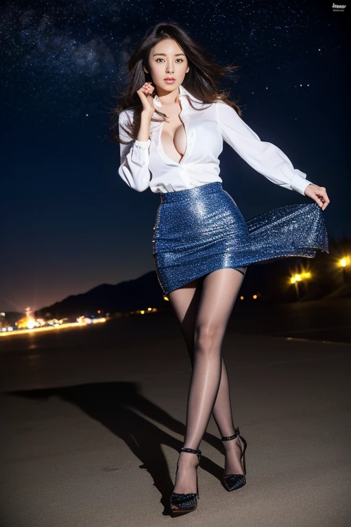 (Highest quality、Ultra-high resolution、masterpiece、8K)、(Delicate face、Detailed eyes and face、Watery eyes、double eyelid、Glossy lips), (1 girl) 、(Above the knee shot)、Very beautiful woman、Slender、Slim Big、Sharp long legs、Alluring and sexy、(A brightly colored collared shirt:1.1)、(Skirts in flashy colors:1.2),(silk pantyhose:1.1),(High heels)、Cleavage、Perfect body、Two perfect legs、Detailed shoes、Anatomically correct、High-definition skin texture、night、Wind、Starry Sky、moon、Professional Lighting