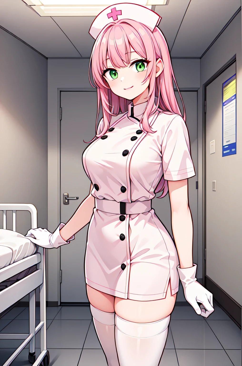 1woman, solo, nurse, white nurse cap, white nurse uniform, ((white legwear, zettai ryouiki)), white gloves, pink hair, green eyes, drooping eyes, pink lips, smile, standing, ((hospital room)), sharp outline, short sleeves, mature female, 32 years old, best quality, masterpiece