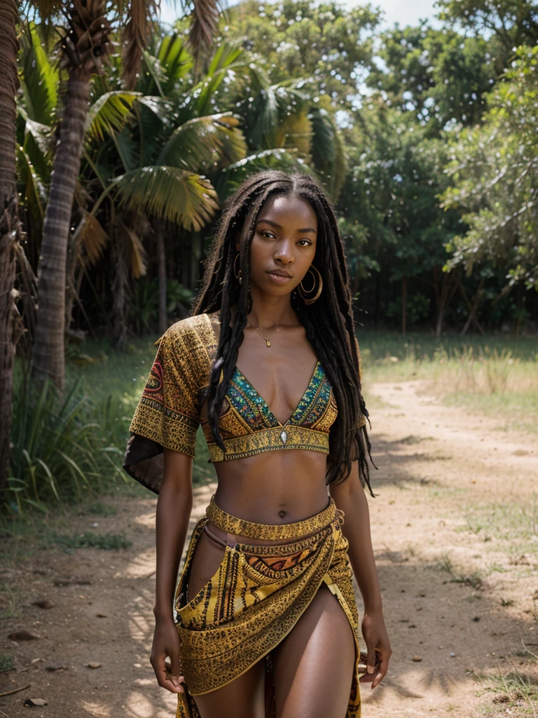 8k, RAW photo, very realistic, realistic photo of stunning skinny ebony girl, (ebony girl, 20 years old, most beautiful ebony girl in the world, slim face, dark skin, black dreadlocks hair, dreadlocks), wearing african national costume, wearing shirt, (full body photo), (photo from the side), (sexy pose), dark skin glowing under the golden sunlight, adorned with intricate tribal jewelry and vibrant traditional attire, standing in a lush savannah teeming with life, tall grass swaying in the gentle breeze, wildlife roaming freely in the background, exuding confidence and allure, (looking at viewer), Photography, natural light with a portrait lens (85mm f/1.8), capturing every detail with warmth and intimacy, --ar 16:9 --v 5