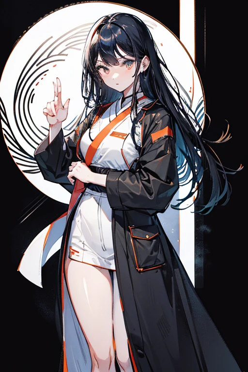 thin woman. breasts. long black hair. wearing haori. black background. white line art. in an apartment. Fight pose. Outfit Suit female japanese. Suit black and haori orange. User katana. Page panel manga