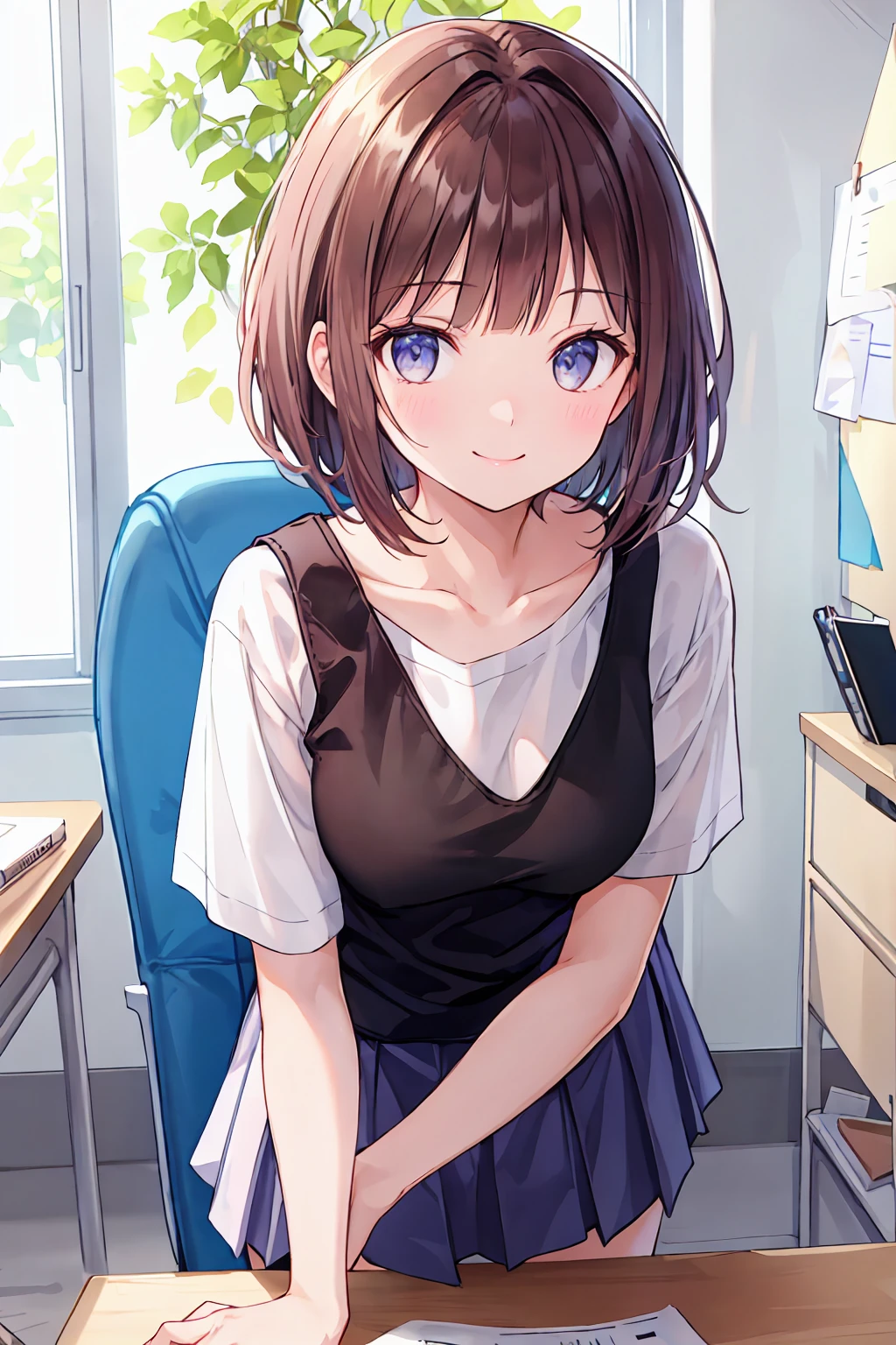 Frame In, Front view of face and body, View from the front, Upper Body, high quality, Very high resolution, high quality, Very high resolution, pretty girl, Brown Hair, amount, Blunt bangs, Bobcut, blush, Raked up bangs, (Wearing a plain T-shirt), upright, Pleated skirt, Work Desk, Sit in a work chair, Place your hands on your thighs, smile, Leaning forward, At the office，8K，Ultra HD,素敵なsmile,