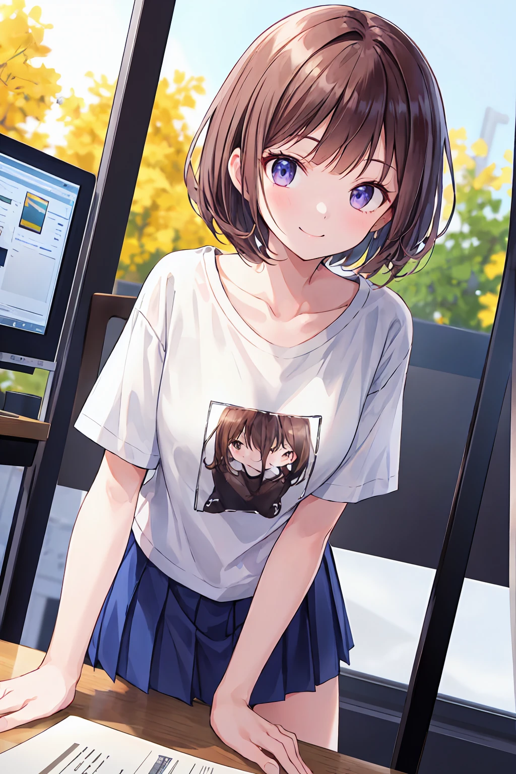 Frame In, Front view of face and body, View from the front, Upper Body, high quality, Very high resolution, high quality, Very high resolution, pretty girl, Brown Hair, amount, Blunt bangs, Bobcut, blush, Raked up bangs, (Wearing a plain T-shirt), upright, Pleated skirt, Work Desk, Sit in a work chair, Place your hands on your thighs, smile, Leaning forward, At the office，8K，Ultra HD,素敵なsmile,