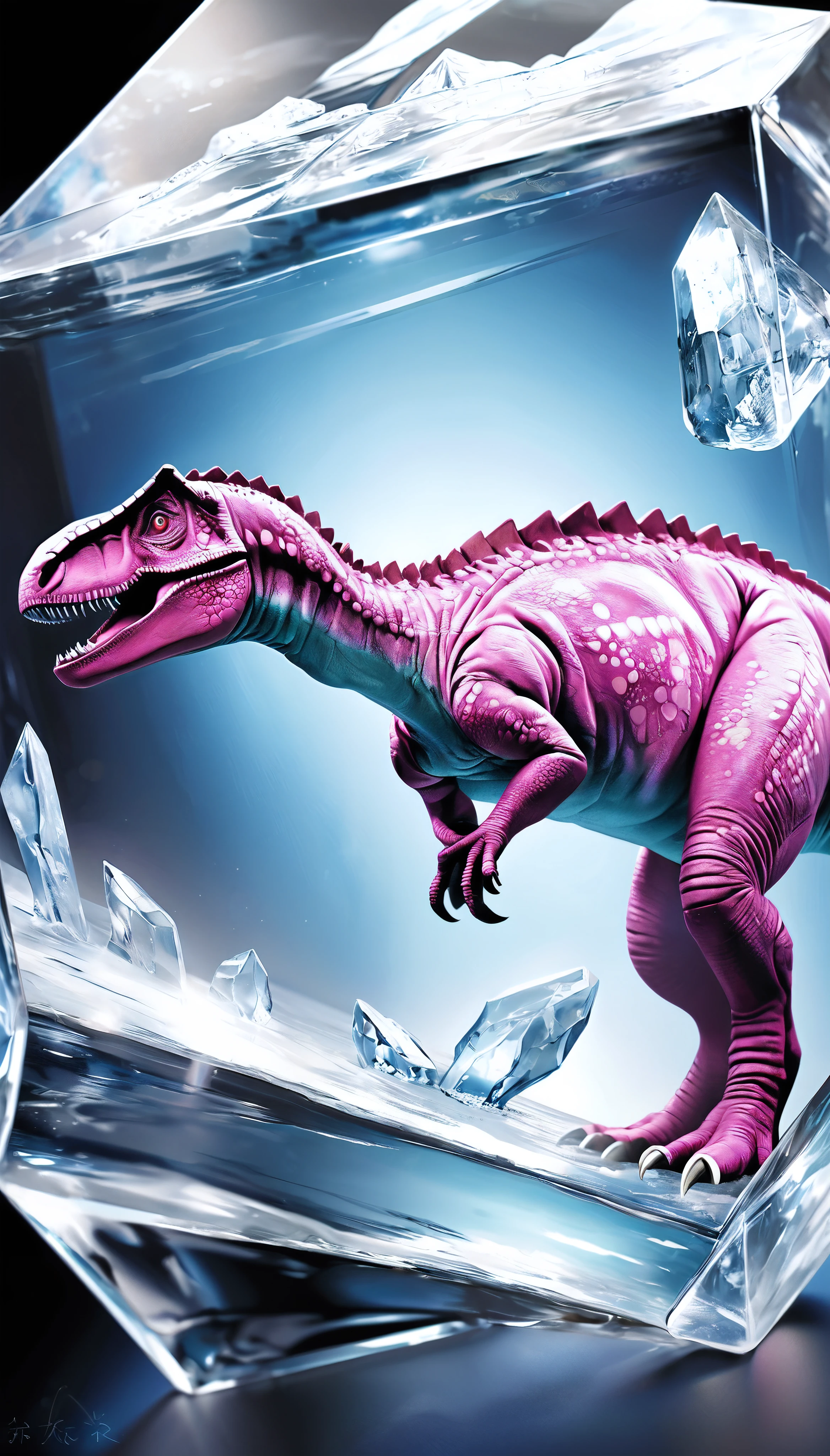 Dinosaurs trapped in crystal clear ice, In completely colorless and transparent ice, Specimens in ice, 
BREAK Large chunk of ice exposed in permafrost, 
BREAK ((Transparentpink overcoating)), 
BREAK (Look at me with clear, real eyes:Vivid dinosaur eyes), 
BREAK Ice lit up in neon pink, 
BREAK (Realistic ice details:transparent:reflection:Cold:hardness), A living organism infected with pink, 
BREAK (Realistic dinosaur skin details:pink:Delicate and intricate unevenness::Hard texture), Pink-tinted dinosaur skin, 
BREAK: A giant ice cube trapping a living dinosaur, Ice with dinosaurs, Ancient dinosaur DNA, A world-class discovery, 
BREAK (((Transparent pink overlap coating))), (Transparent ice highlighted by pink neon lights),  
BREAK Perfect transparent pink coating, Transparentpink&#39;s theme color, Professional artwork, Super Retina, 
(Dynamic wide full body shot:1.3), Live and completely trapped in ice, 