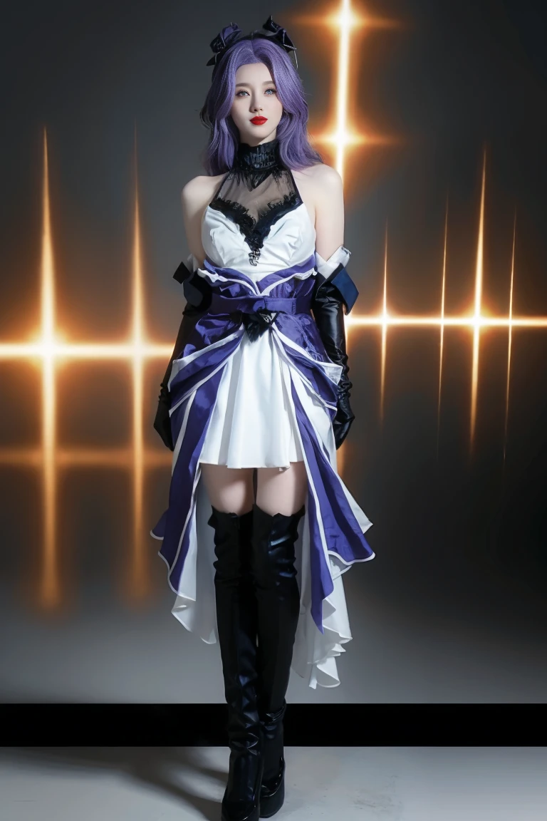 best quality, tmasterpiece,Ultra-high resolution,Clear face,（Reality：1.4），ferpect lighting，(full body photo:1.5), (photorealistic:1.50), anime wallpaper, Guviz style artwork, cover-up fantasy up to magic , by Yang J, Guviz, beautiful artwork illustration, beautiful digital artwork, beautiful digital illustration, Li Song, beautiful anime portrait, art style in Beauvot, 1girl,see-through,looking at viewer,outdoors,purple_rose,gloves,portrait, close-up, red_lips,lipstick, purple hair,