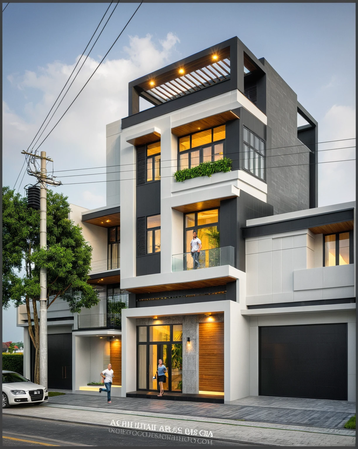 modern villa on street, (overcast lighting:1.2), tropical tree, vivid color, streetcapes, nice sky, grey and wwhite tone, (large glass door:1.2), warm interior lighting, modern material, best quality, ultra realistic, masterpiece, 17ArchiAI_XL_VL-v1