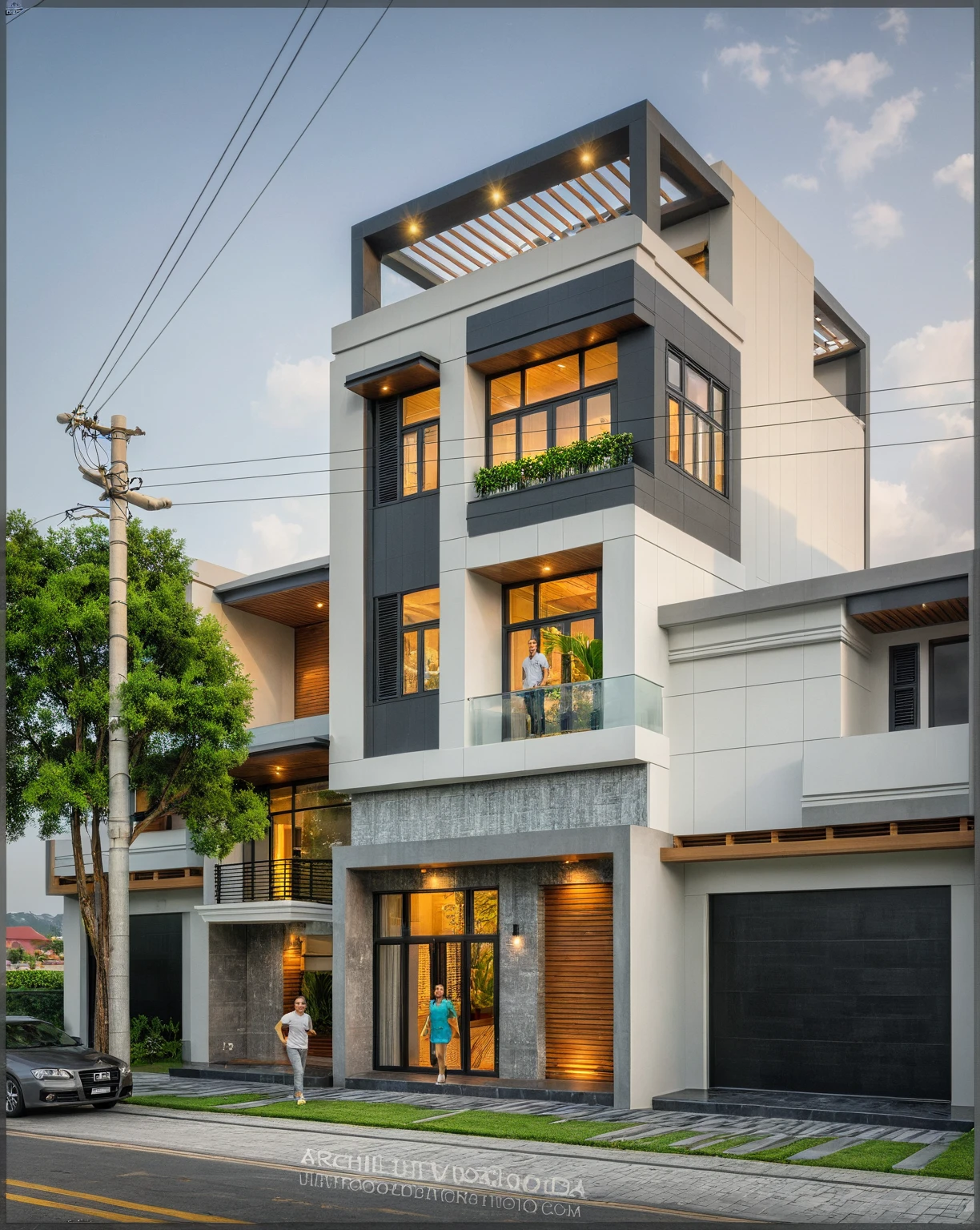 modern villa on street, (overcast lighting:1.2), tropical tree, vivid color, streetcapes, nice sky, grey and wwhite tone, (large glass door:1.2), warm interior lighting, modern material, best quality, ultra realistic, masterpiece, 17ArchiAI_XL_VL-v1
