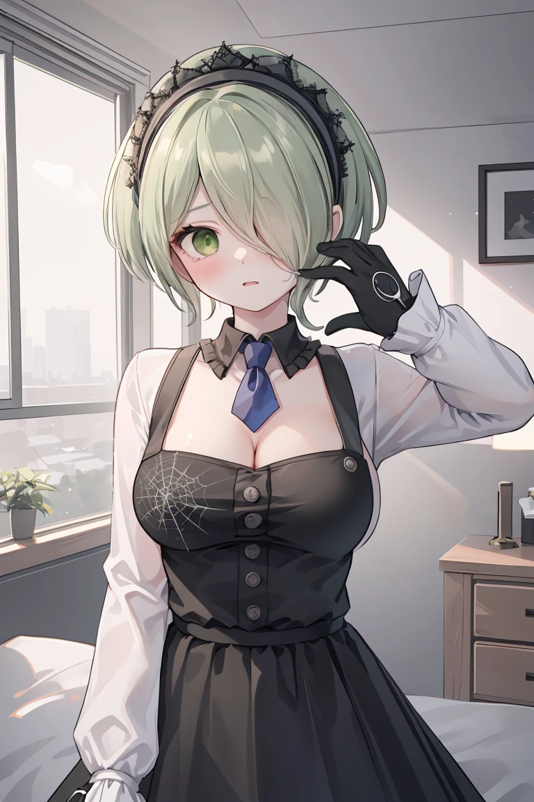 (highly detailed:1.3), tkirumi, looking at viewer, smile, large breasts, long sleeves, white shirt, green hair, black gloves, hair over one eye, black dress, maid headdress, pinafore dress, hand on own head, spider web print, Ultra-detail,(highres:1.1),best quality,(masterpiece:1.3), cinematic lighting, big breasts, hands on breasts, hand on own breasts, holding breasts, bouncing breasts, room, indoors, cleavage, nipples