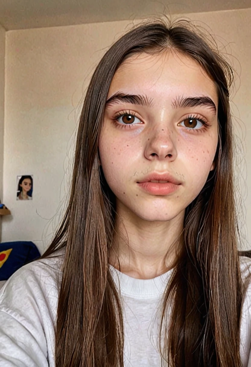 Traducir texto con tu cámara
a 15-year-old girl, thin, straight brown hair, slanted brown eyes, eyebrows of normal thickness, round but not very big nose, thick lips and white skin but not much, tired complexion and sick vibes
