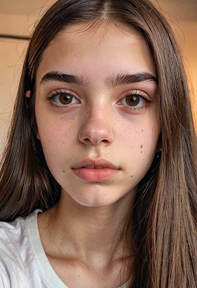 Traducir texto con tu cámara
a 15-year-old girl, thin, straight brown hair, slanted brown eyes, eyebrows of normal thickness, round but not very big nose, thick lips and white skin but not much, tired complexion and sick vibes
