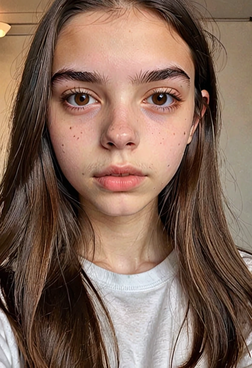 Traducir texto con tu cámara
a 15-year-old girl, thin, straight brown hair, slanted brown eyes, eyebrows of normal thickness, round but not very big nose, thick lips and white skin but not much, tired complexion and sick vibes
