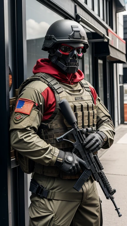 man strong, soldier. Special forces, skull mask, dark red helmet and armor, light red uniform, army, holding gun, The Death Squad.