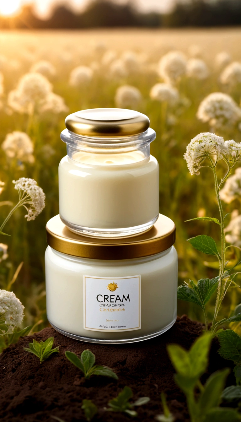 Cream с кокосовым маслом, Cream, баночка Creamа для тела, Cream для тела, баночка с Creamом лежит на траве, soft aura, blurred background, light, нежный Cream, cold haze, small jar, atmosphere, in field
