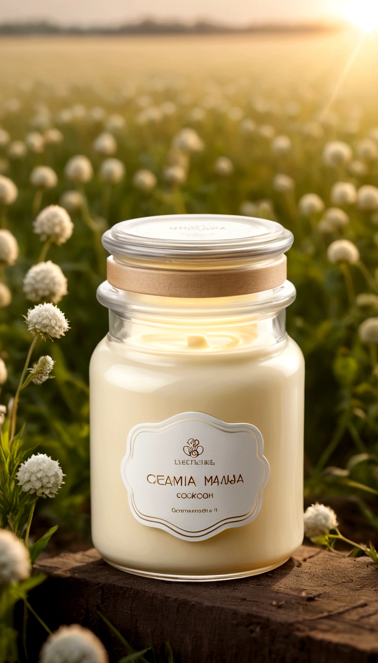 Cream с кокосовым маслом, Cream, баночка Creamа для тела, Cream для тела, баночка с Creamом лежит на траве, soft aura, blurred background, light, нежный Cream, cold haze, small jar, atmosphere, in field