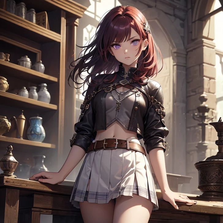 (absurdres, high fantasy artwork, best high quality image, carefuly detailed, very detailed features and textures) solo character
barbarian girl, she has short red hair, purple eyes with black pupils, flat chest, slender contexture, very thin lips, white skin, (scottish short skirt, grey leather shirt, silver meral belt between her scottish short skirt and belly), (broad sword on her back)
Confident pose, very serious face, no sense of humor
Wooden irish cotage with ancient greek forniture and celtic forniture