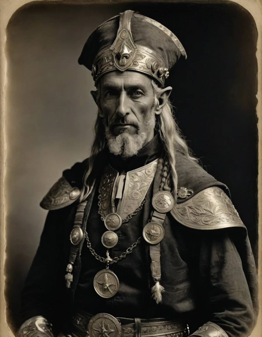 ((((Masterpiece, daguerreotype on old paper, monochrome)))), by Moebius, by Théodore Géricault, the composition is: (((50 year old male high elf, tan, elf ears, Assyrian beard, sullen, magnificent, he is wearing Mesopotamian costume with Steampunk elements, sashes, medals, pendants))).