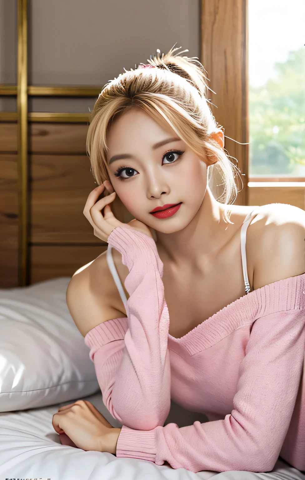 Highest quality、masterpiece、Ultra-high resolution、Photorealistic、Raw photo、One Girl、sexlyな外見、Shoulder hair、The lower half is curled and wild.、cute smile like a model、hair color is blonde、Regular high heels、Double Eyes、Applying mascara、Cute pose like a model、Clear Face、Gorgeous as a model、Ultimate beauty、cute smile、smile、TWICEのツウィみたいなOnlyな顔、Masseter muscle area、Highest quality、Cold winter clothes、Only、cute、Lying in bed、sexly、Exposed thighs、lingerie、The lipstick is a deep pink color