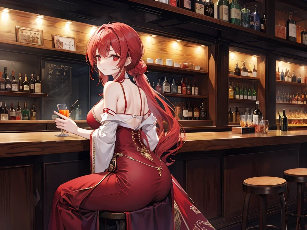Crossing your legs, Anime style painting, An illustration, Liquor, バーに座ってカクテルを飲むwoman, look return, return, 背景の棚には多彩な色のLiquor瓶が並んでいる, Quiet bar, Calm expression, Perfect hands, elder, Redhead, Dignity at 50, ほろ酔いのwoman, alone、(Highly detailed returnground:1.0)、(Highly detailed returnground:1.0)、masterpiece、Highest quality、(Babes)、Fractal Art、Red eyes、Narrow eyes、Black and red dress, Reddish lips、From the shoulders up、smile、一人のwoman、Red Long Ponytail, Curly Hair, Red eyes,Golden accessories, alone, Big Breasts, woman, Take-out, Provocative laughter,40 year old woman,Queen of Sadism, Highly detailed returnground, Perfect Human Medicine,
