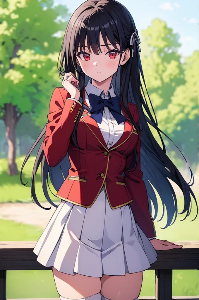 (masterpiece, best quality:1.5), (ultra detailed:1.4), super fine illustration, perfect anatomy, 8k portrait, official art, anime screencap, 
1girl,
Suzune Horikita, 
Suzune Horikita \(youjitsu\),
long hair, braid, 
black hair, 
red eyes, slant eyes, small eyes:, 
blue bow, 
medium breasts, 
, red jacket, long sleeves, white skirt, pleated skirt, black thigh-high socks, 
looking at viewer, 
cowboy shot, 
perfect light, 