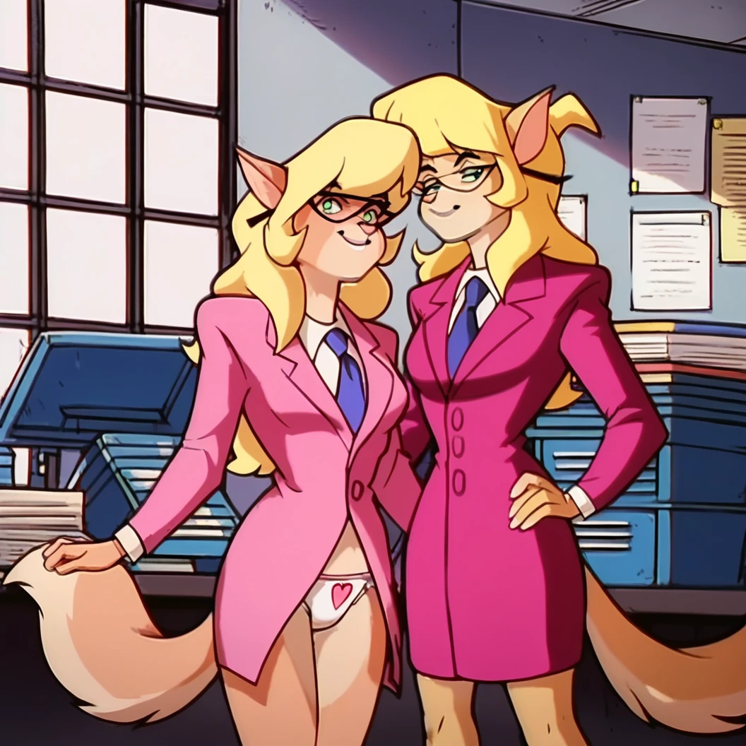 score_9, score_8_up, score_7_up, score_6_up, score_5_up, score_4_up, (Source furry), (rating safe), indoors, office, standing, glasses, callie briggs, skirtless, detailed, detailed fur, front view, no skirt, white panties with pink hearts, heart print panties, 2girls, duo, pink sport coat, admiring each other's underwear, giggling