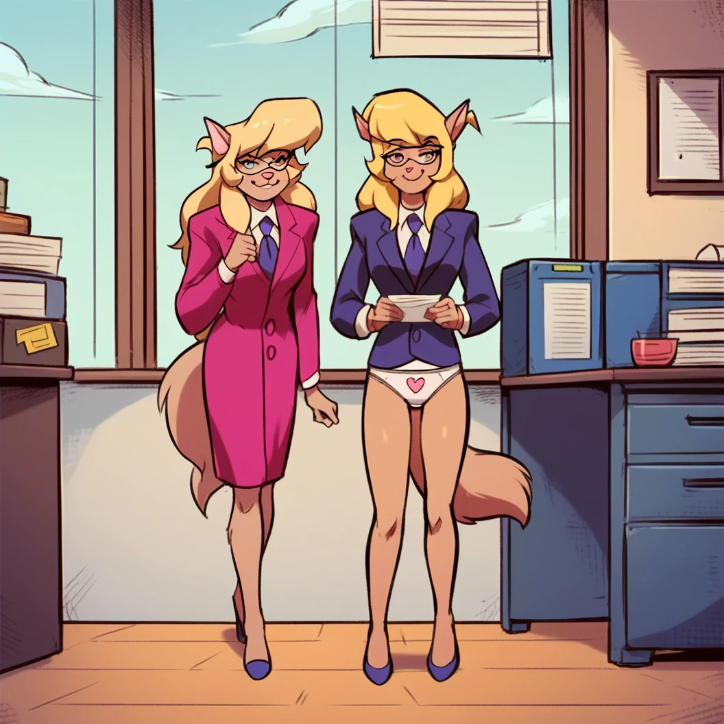 score_9, score_8_up, score_7_up, score_6_up, score_5_up, score_4_up, (Source furry), (rating safe), indoors, office, standing, glasses, callie briggs, skirtless, detailed, detailed fur, front view, no skirt, white panties with pink hearts, heart print panties, 2girls, duo, pink sport coat, admiring each other's underwear, giggling
