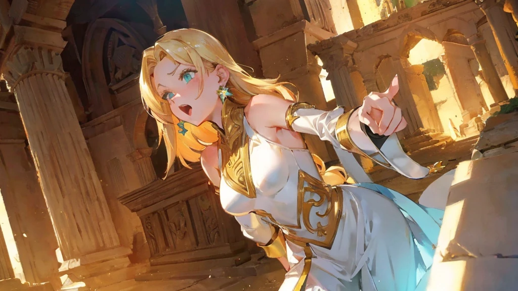 medium-shot angle of an adult woman named Katrai Sezanne, with long blonde hair, green eyes, glossy lips, diamond earrings, she's (screaming), pointing toward with her finger. She's wearing a white tunic and golden shoulder pads and armour boots. Ancient ruins, maze, beautiful lights, iper-realistic, masterpiece, cinematic lighting, best quality, anatomically perfect.