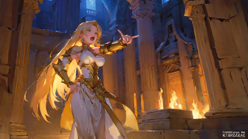 medium-shot angle of an adult woman named Katrai Sezanne, with long blonde hair, green eyes, glossy lips, diamond earrings, she's (screaming), pointing toward with her finger. She's wearing a white tunic and golden shoulder pads and armour boots. Ancient ruins, maze, beautiful lights, iper-realistic, masterpiece, cinematic lighting, best quality, anatomically perfect.