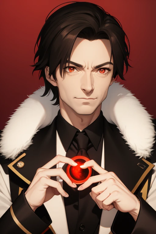 Hugh Jackman from wolwerine 40 years Vampire short black hair vintage pointed ears red eyes Stempunk hunter clothing black vintage decorations Steampunk holding a blood moon mirror looking directly at the viewer red background