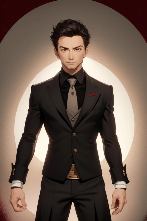 Hugh Jackman from wolwerine 40 years Vampire short black hair vintage pointed ears red eyes Stempunk hunter clothing black vintage decorations Steampunk holding a blood moon mirror looking directly at the viewer red background
